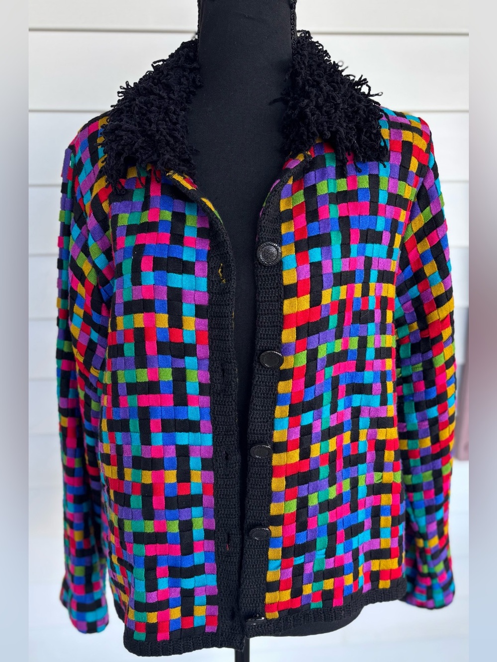 Michael Simon Multicolor Checkered Knit Jacket with Black Curly Collar